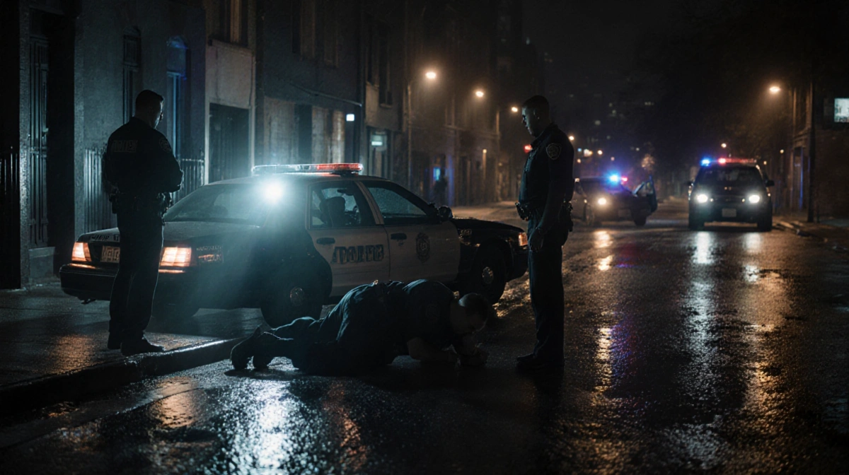 Police officers standing beside a police car with lights reflecting on pavement and spotlight
