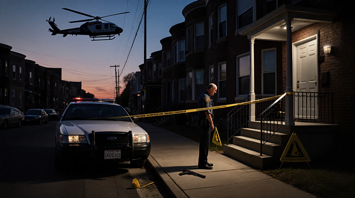 Chief Inspector Scott Small standing with police car and helicopter above, looking at gun on ground with tape.
