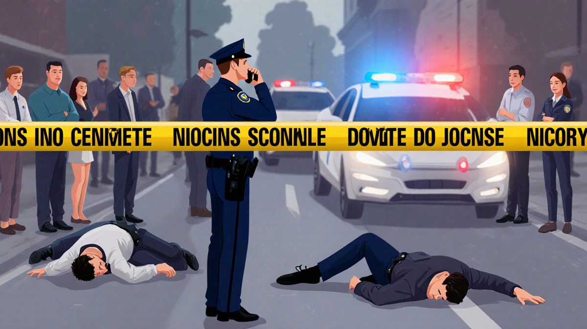 Police officer speaking into radio with crime scene tape and flashing lights near two men lying.