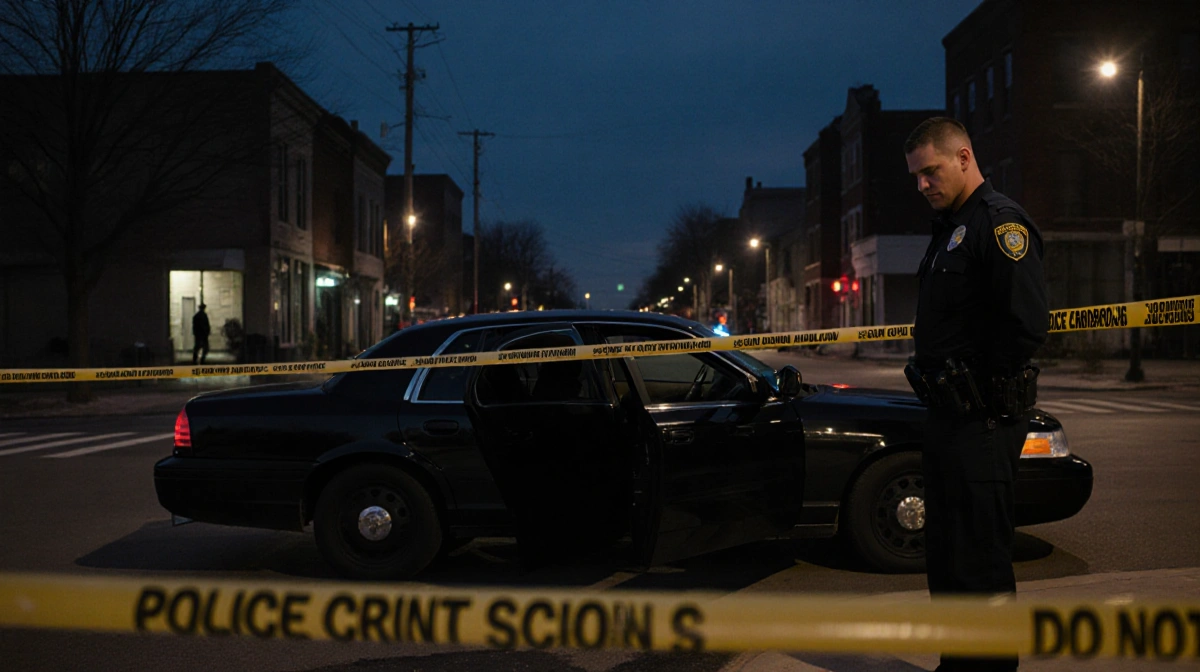 Police officer standing near crime scene tape with a dark sedan in front and dim streetlights in background
