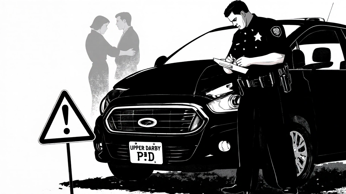 Police officer writing on pad with damaged car hood open and 'UPPER DARBY PD' plate domestic violence warning sign in backgro