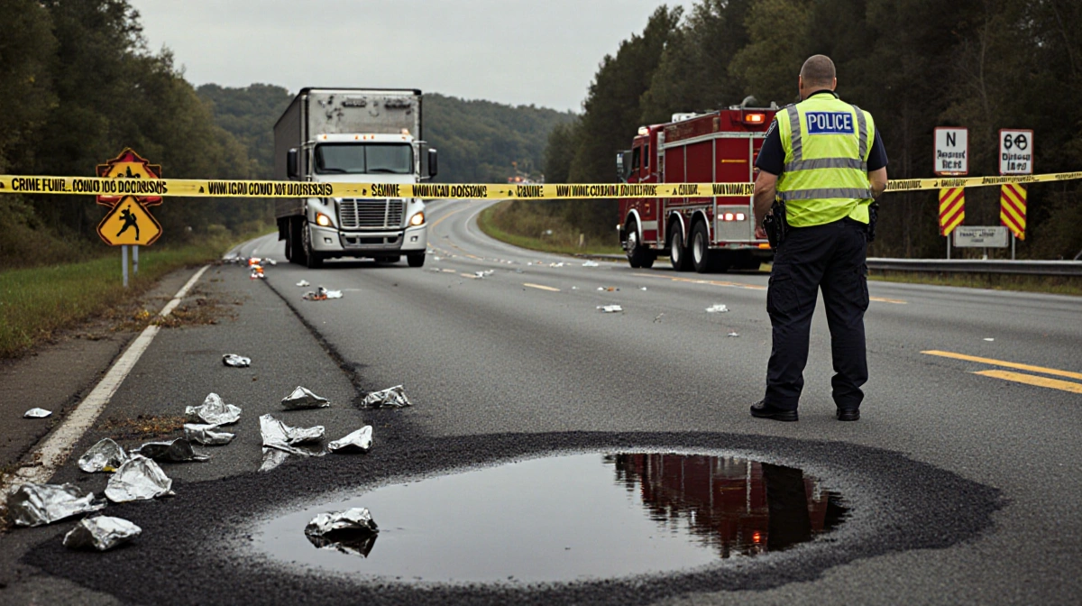 Police officer stands near yellow crime tape with tractor trailer and diesel fuel spill on Bucks County road