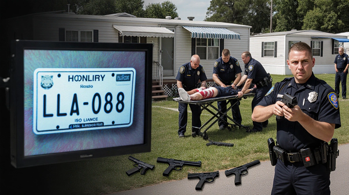 Police officer holding firearm with surveillance screen showing license plate and injured victim on stretcher receiving first