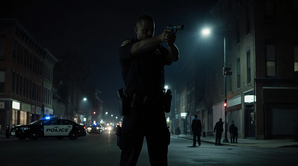 Police officer standing with gun drawn facing a gunman silhouette on a dark nighttime street.