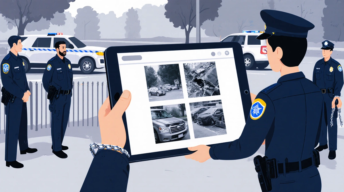 Police officer presenting evidence photos on tablet with suspect in handcuffs behind and police gear in background