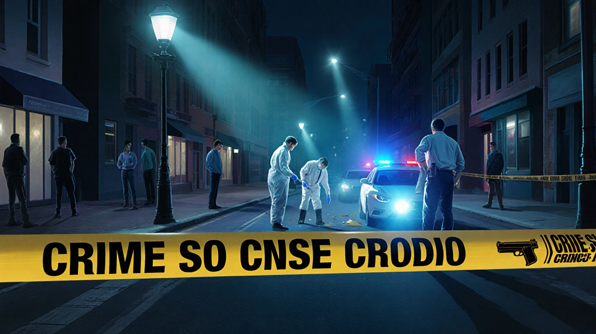 Forensic team collecting evidence with flashing police lights and a subtle gun silhouette at the scene.