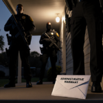 Police officers standing outside home with package holding unsealed Administrative Warrant and looming shadow.