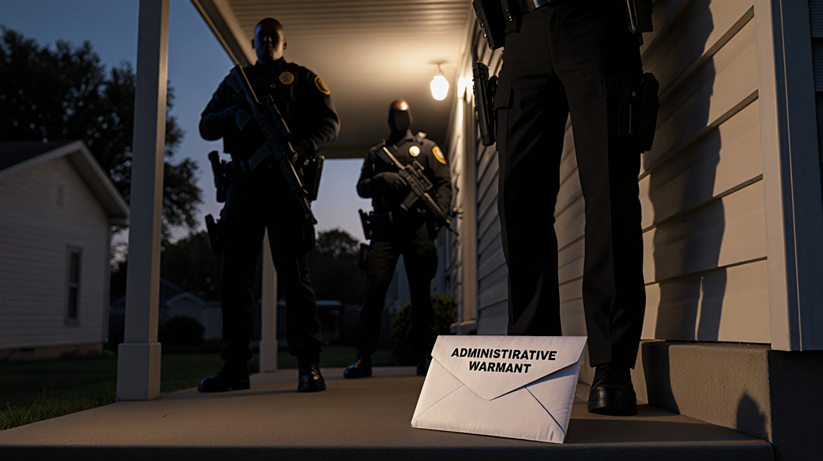 Police officers standing outside home with package holding unsealed Administrative Warrant and looming shadow.