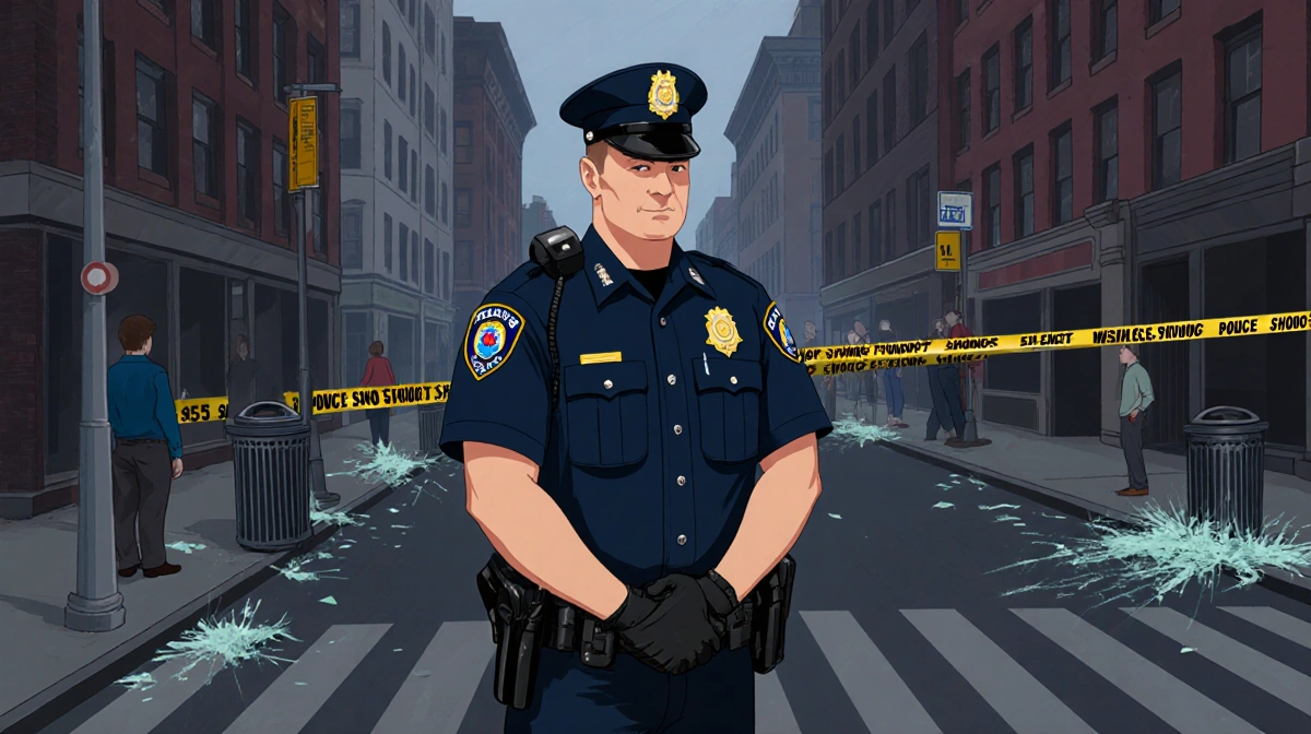 Police officer standing with hands visible with shattered glass and broken trash cans in city street