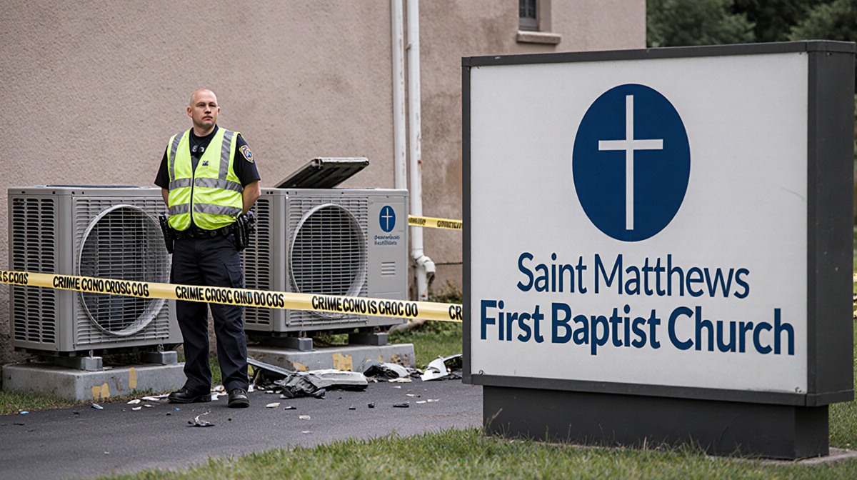 Police officer standing beside church wall with crime scene tape and open air conditioning units.