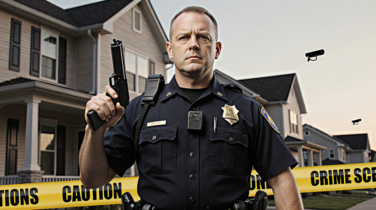 Officer Captain Timothy Stephan standing holding two firearms with live ammo and crime scene tape and yellow caution signs