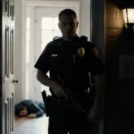 Police officer standing at a Philadelphia home entrance with hand on gun and faint nightlight illuminating figure on the floo