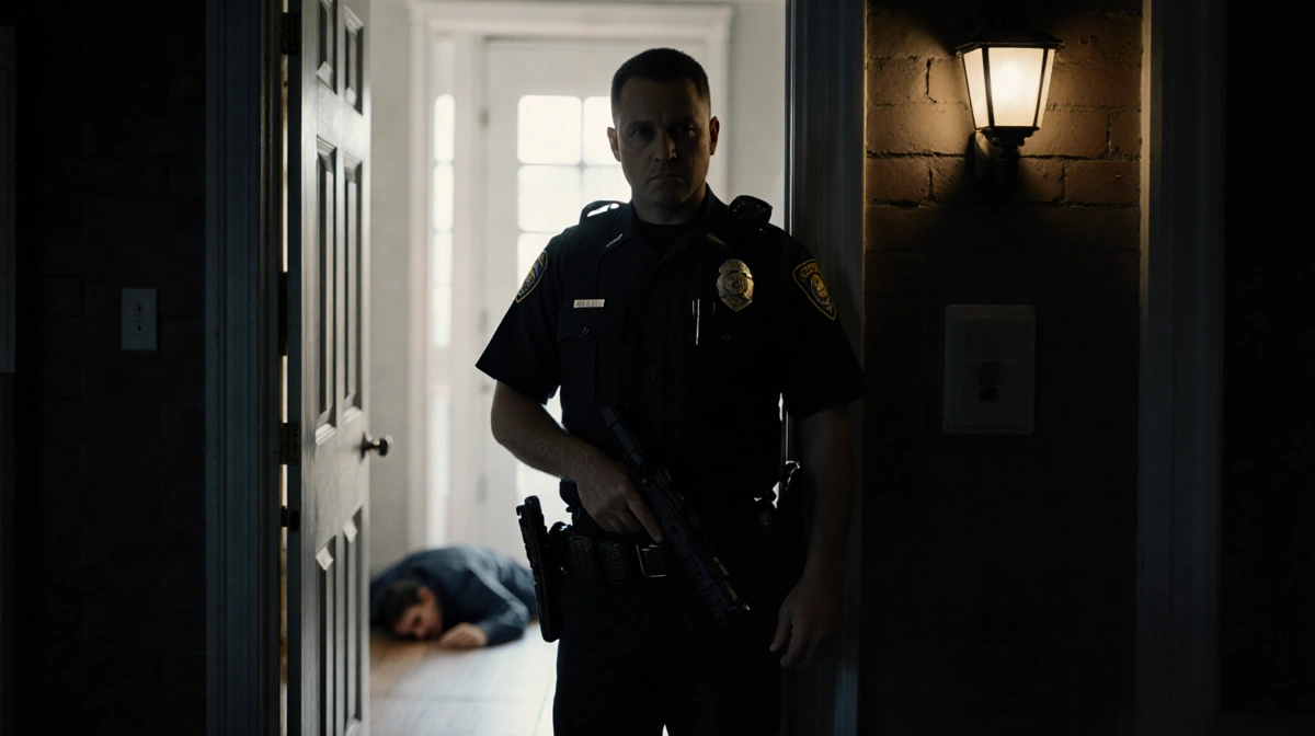 Police officer standing at a Philadelphia home entrance with hand on gun and faint nightlight illuminating figure on the floo