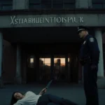 Police officer standing over woman holding knife at abandoned hospital entrance with dawn light breaking through windows