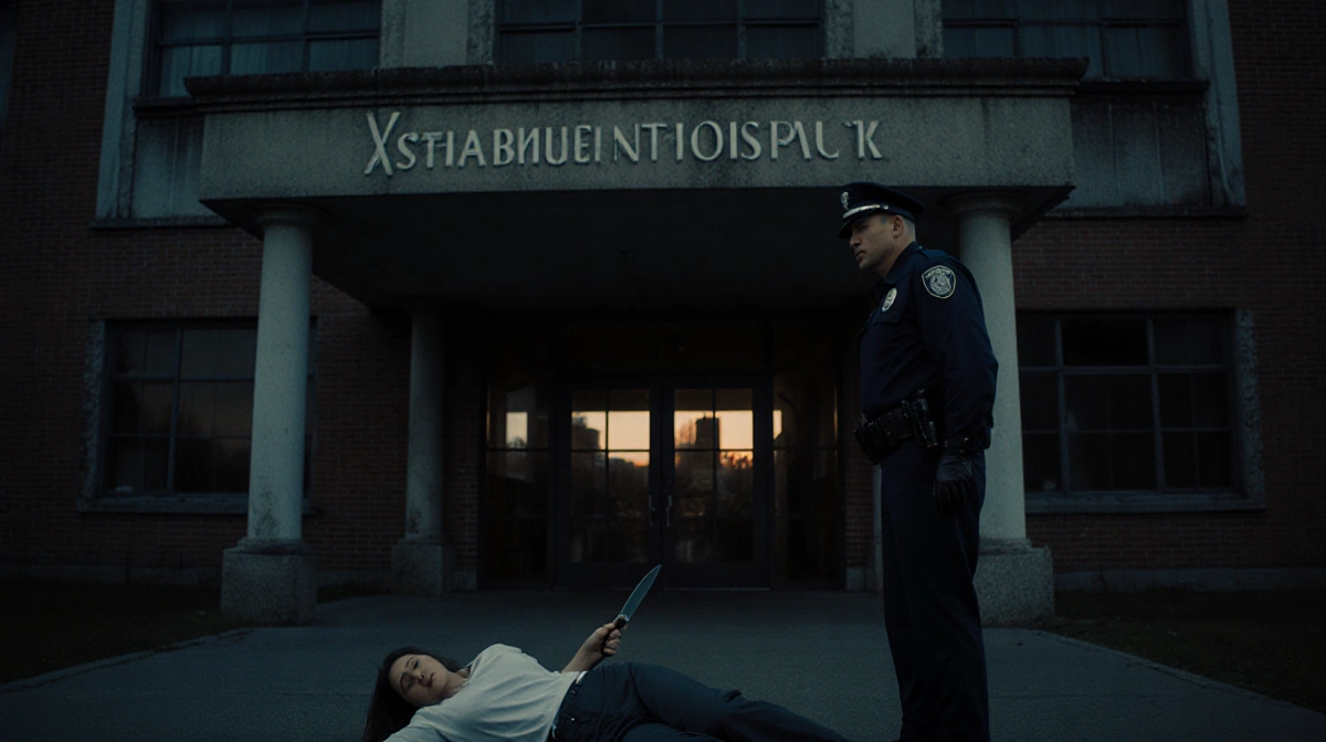 Police officer standing over woman holding knife at abandoned hospital entrance with dawn light breaking through windows