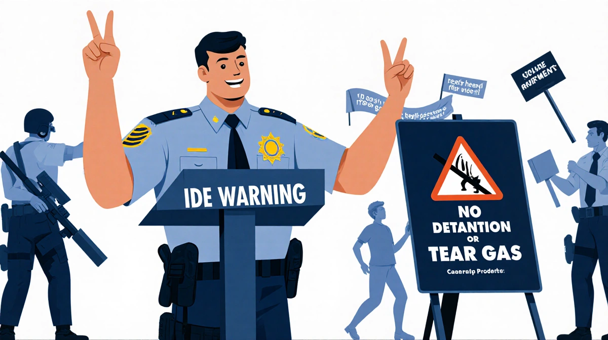 Police officer stands with raised hands in front of no detention sign with protesters holding signs in background