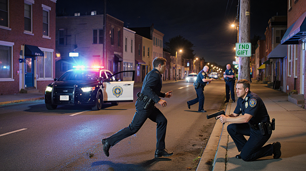 Male fleeing from vehicle with gun turning onto 6th Street while police officers search nearby.