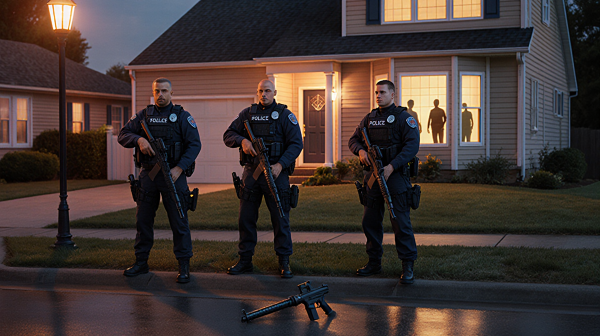 Police tactical team standing outside suburban home with stun gun on ground and faint figures seen through window