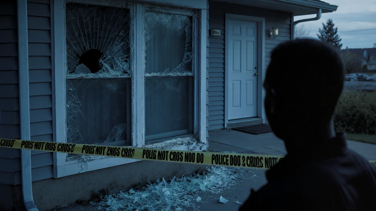 Faint silhouette of arrested individual stands near broken window with shards of glass and police tape on Cincinnati home