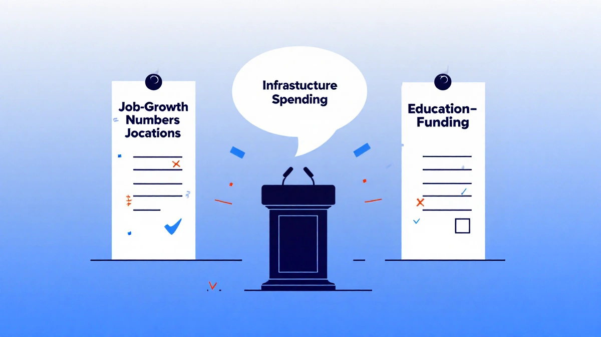 A podium speaks with speech bubble near three columns labeled Job Growth Infrastructure and Education on calm blue background