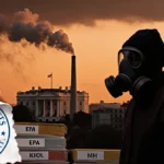 Person wearing gas mask stands near EPA files with White House silhouette visible through polluted orange sky