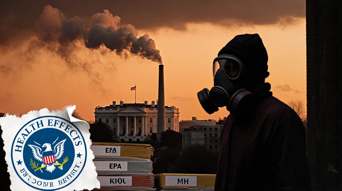 Person wearing gas mask stands near EPA files with White House silhouette visible through polluted orange sky