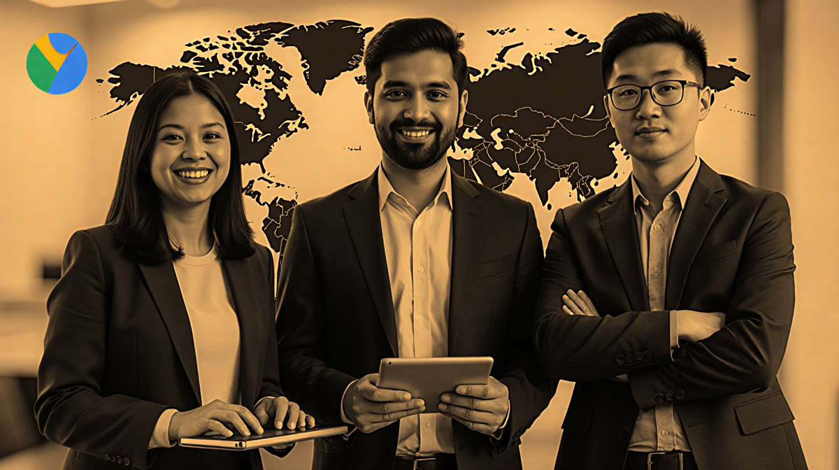 Poojary smiles while holding tablet with Marchand typing laptop and Kang crossing arms beside him over a blurred Google map