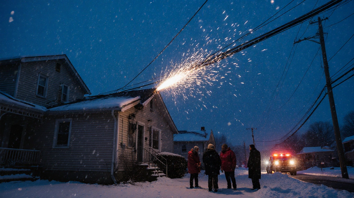An icy morning scene in Pottstown, with a darkened home in the foreground, illuminated only by sparks flying from a PECO wire