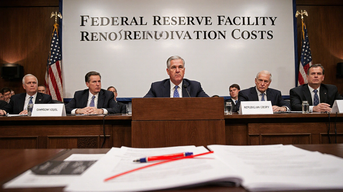 Fed Chair Powell testifying at congressional hearing with renovation cost banner and red-lined documents on table