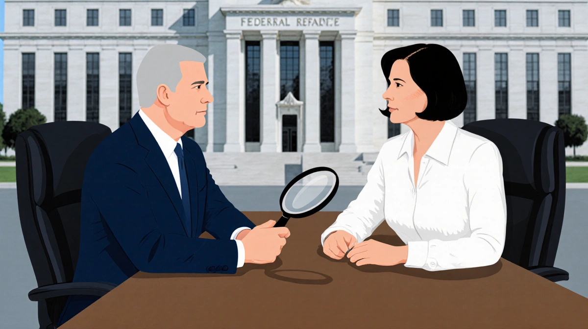 Jerome Powell and Lisa Cook meeting across table with Federal Reserve building blurred behind and magnifying glass showing sc