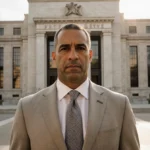Jerome Powell stands before the Federal Reserve building with construction on its facade and golden light spilling onto the p