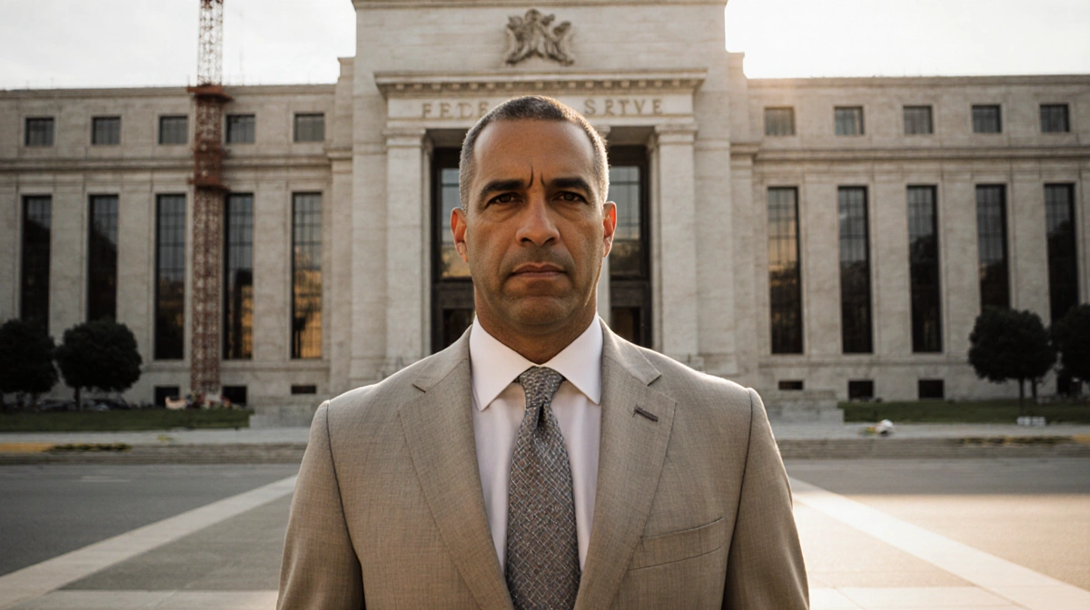 Jerome Powell stands before the Federal Reserve building with construction on its facade and golden light spilling onto the p