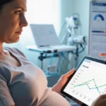 Expectant mother reviews hospital safety data with nurse showing tablet screen and charts in medical office
