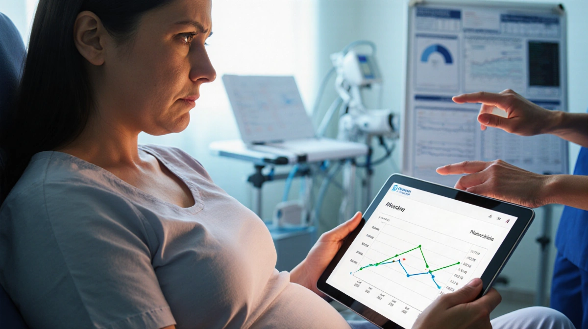 Expectant mother reviews hospital safety data with nurse showing tablet screen and charts in medical office
