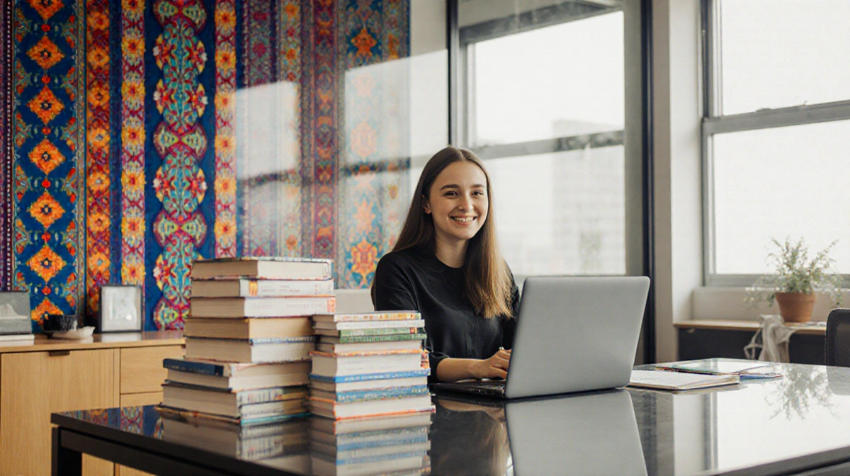 Woman smiles while working on laptop at desk with Ukrainian textiles and language books