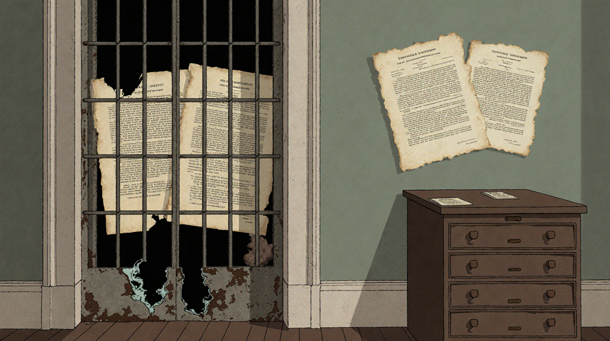 Faded slavery history exhibit shows artifacts behind broken glass with a subtle 2006 agreement outline Philadelphia wall