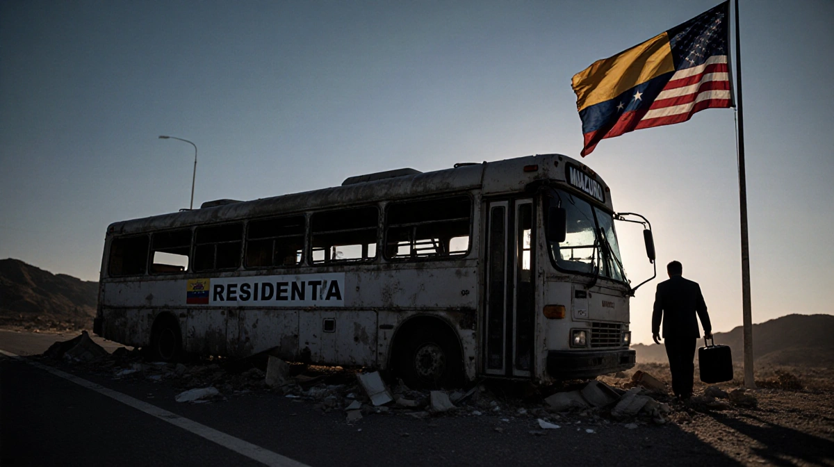 Figure walking away from bus with suitcase and flag in background showing Venezuela