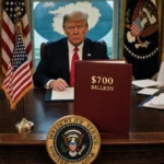 Presidential seal sits on Oval Office desk with red $700 billion folder and blurred Greenland map through window