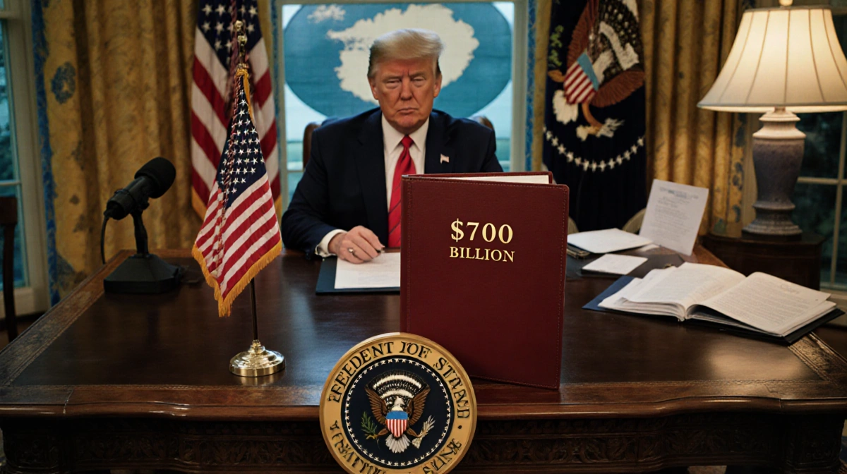 Presidential seal sits on Oval Office desk with red $700 billion folder and blurred Greenland map through window