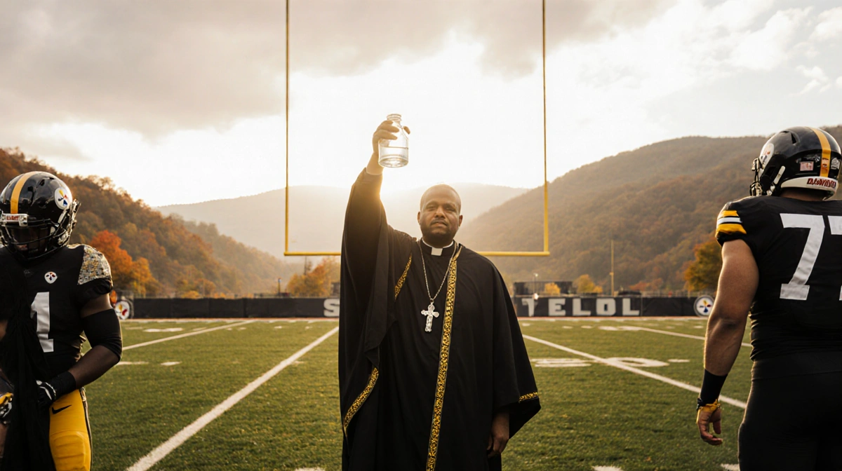 Priest blessing the field with a vial of holy water and light over a Pittsburgh Steelers football stadium with white goalpost