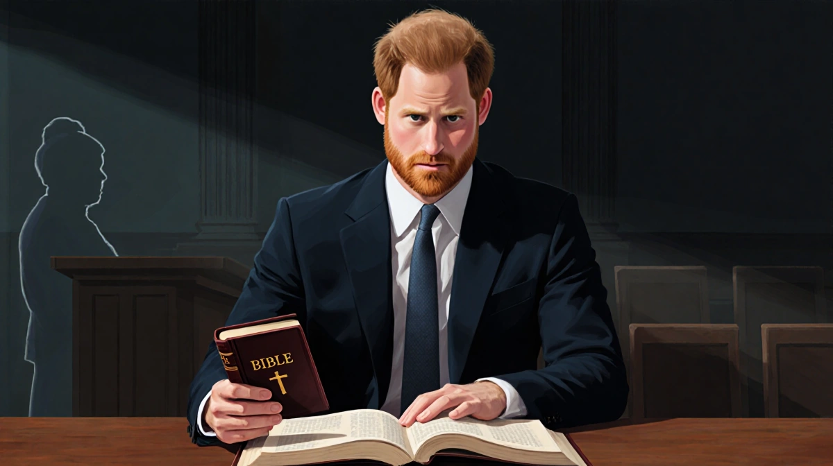 Prince Harry holding a Bible with his hand resting on an open book at a wooden table with courtroom background showing tensio