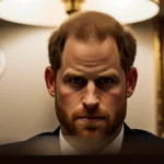 Prince Harry testifying in court with warm golden lighting and blurred royal family symbols on the wall