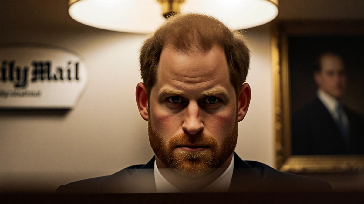 Prince Harry testifying in court with warm golden lighting and blurred royal family symbols on the wall