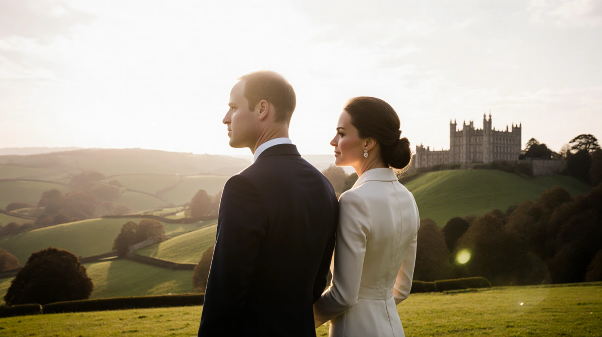 Prince William and Princess Catherine standing side by side with warm light over rolling hills of the English countryside