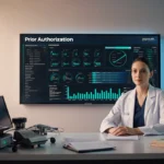 Clinician reviews prior authorization dashboard on large screen with patient files and medical devices nearby