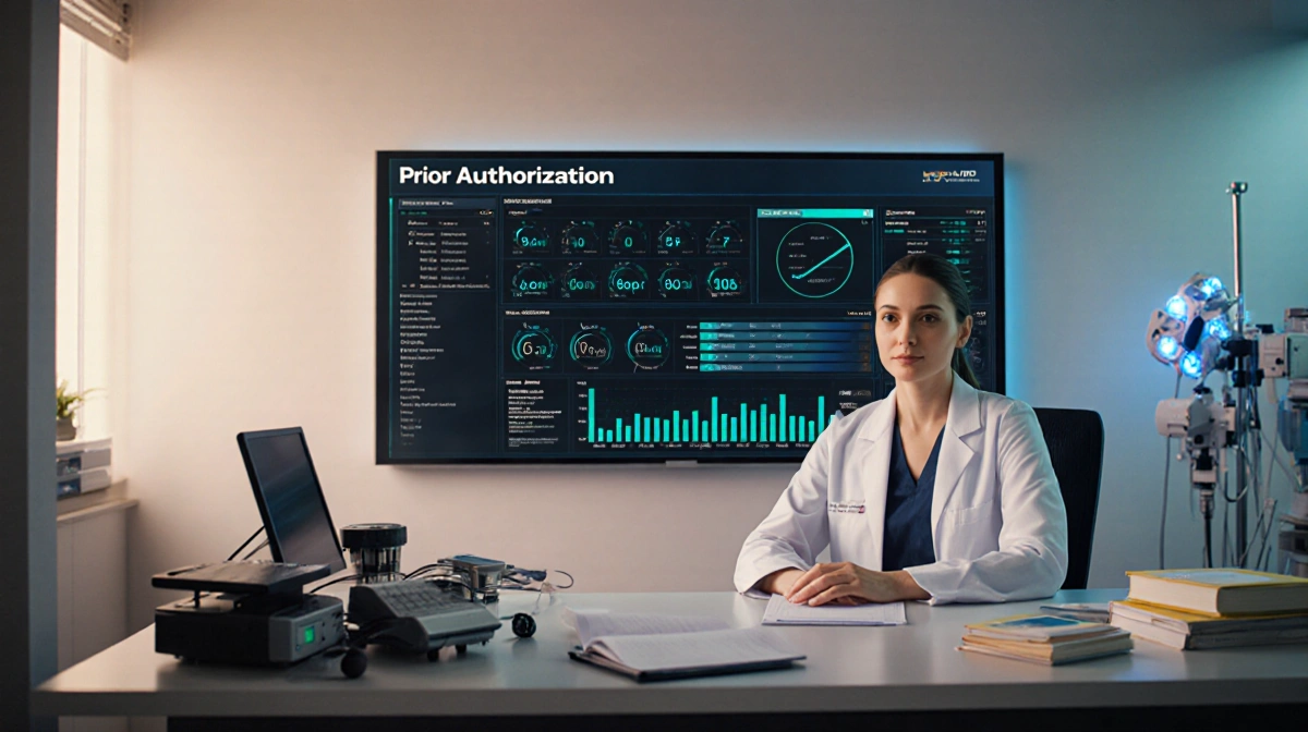 Clinician reviews prior authorization dashboard on large screen with patient files and medical devices nearby