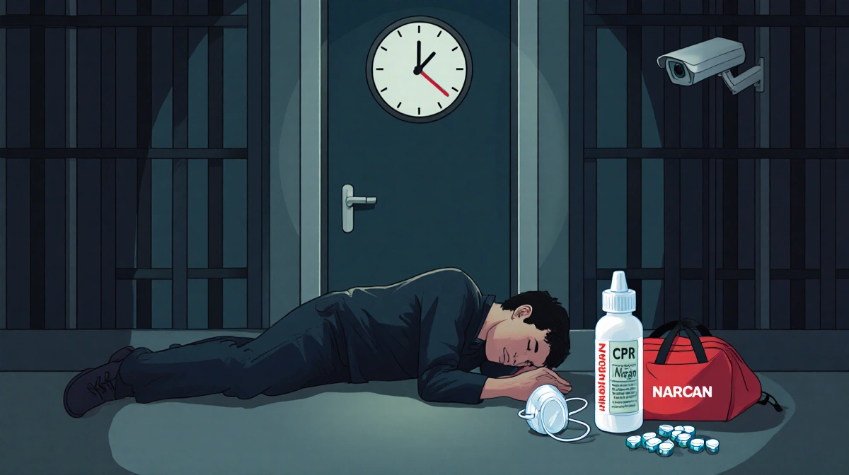 Unresponsive person lies on cell floor with medical bag and Narcan bottle showing emergency overdose response