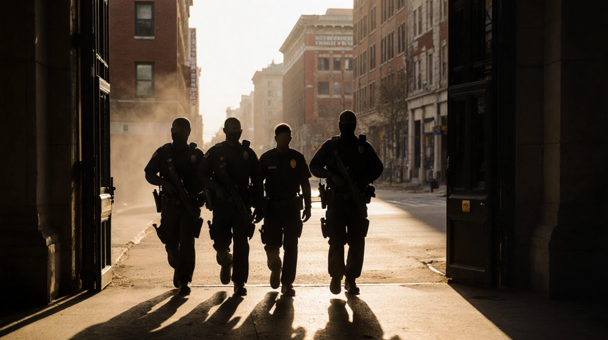 Police escort recaptured prisoner near Temple Hospital entrance with urban streetscape behind