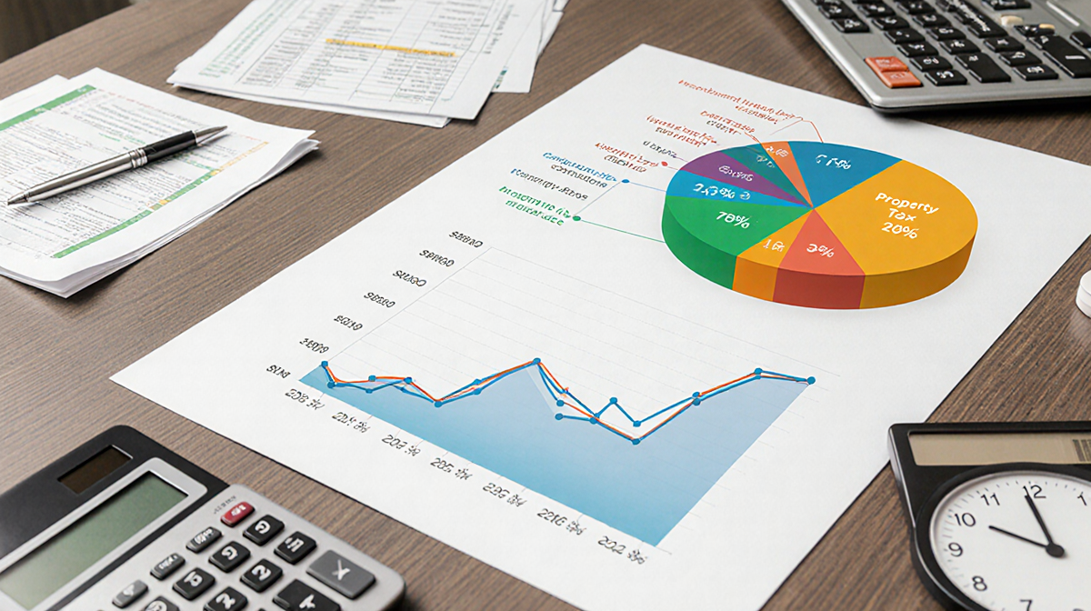 Graph depicts upward trend in property values with pie chart of tax revenue sources and financial documents in background