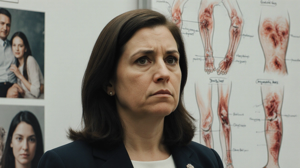 Prosecutor stands at whiteboard with injury diagrams and blurred family scene showing serious case